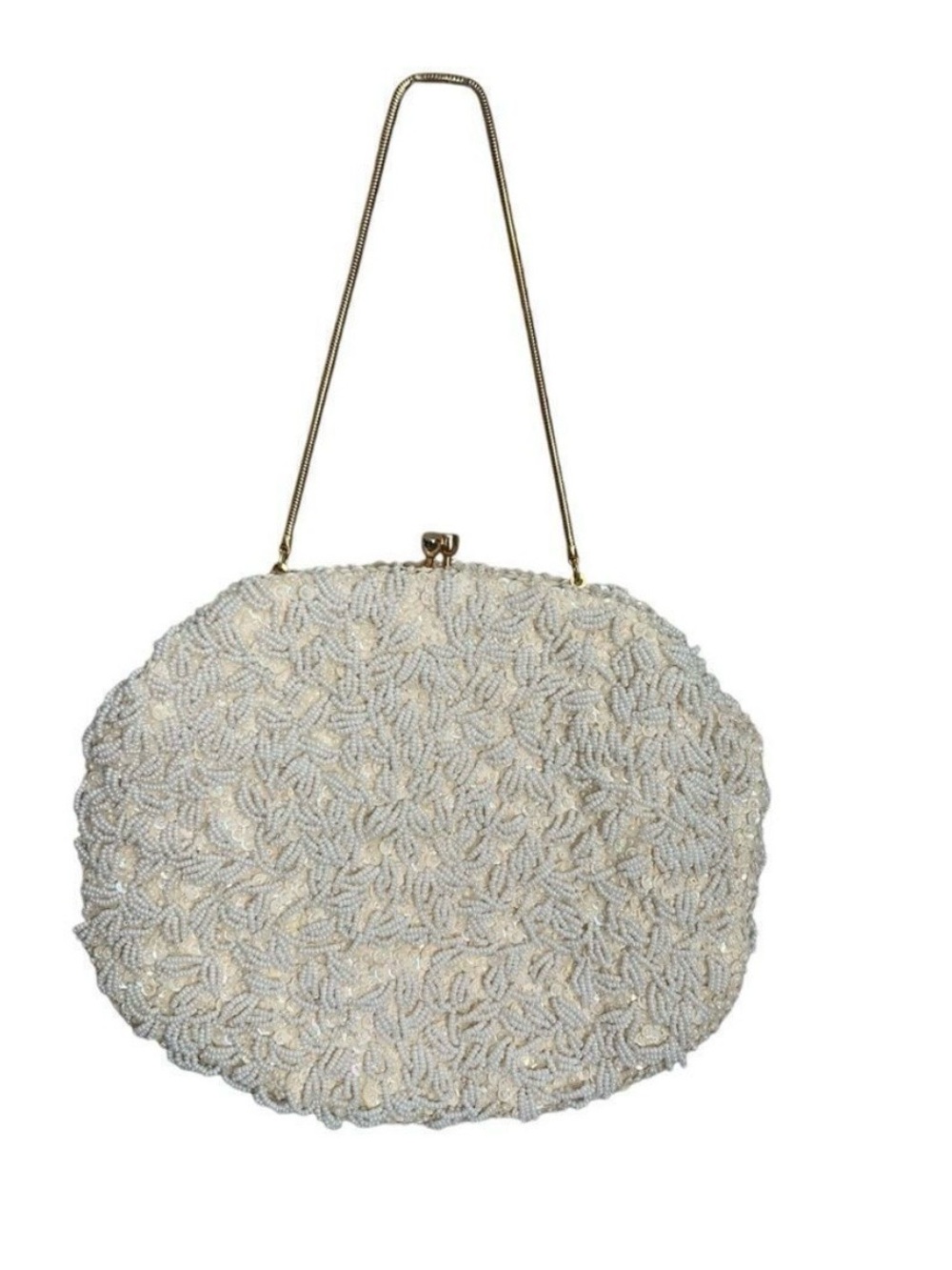Vintage Beaded Sequin Purse Hand Made in Hong Kong Cream Gold Chain Oval Bag 7x9